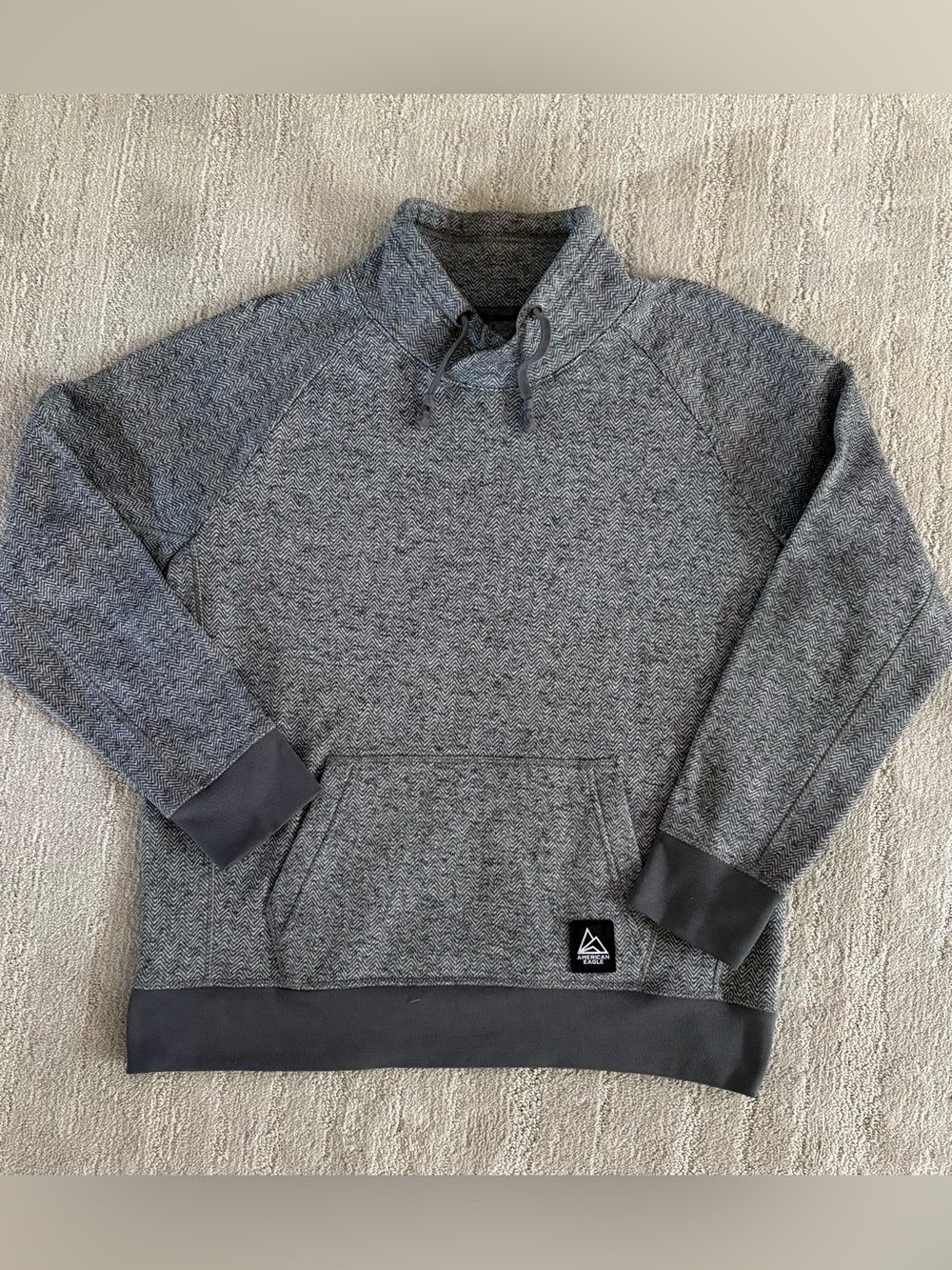 American Eagle Men XL Gray Herringbone Cowl Neck Fleece Pullover Sweatshirt Cozy